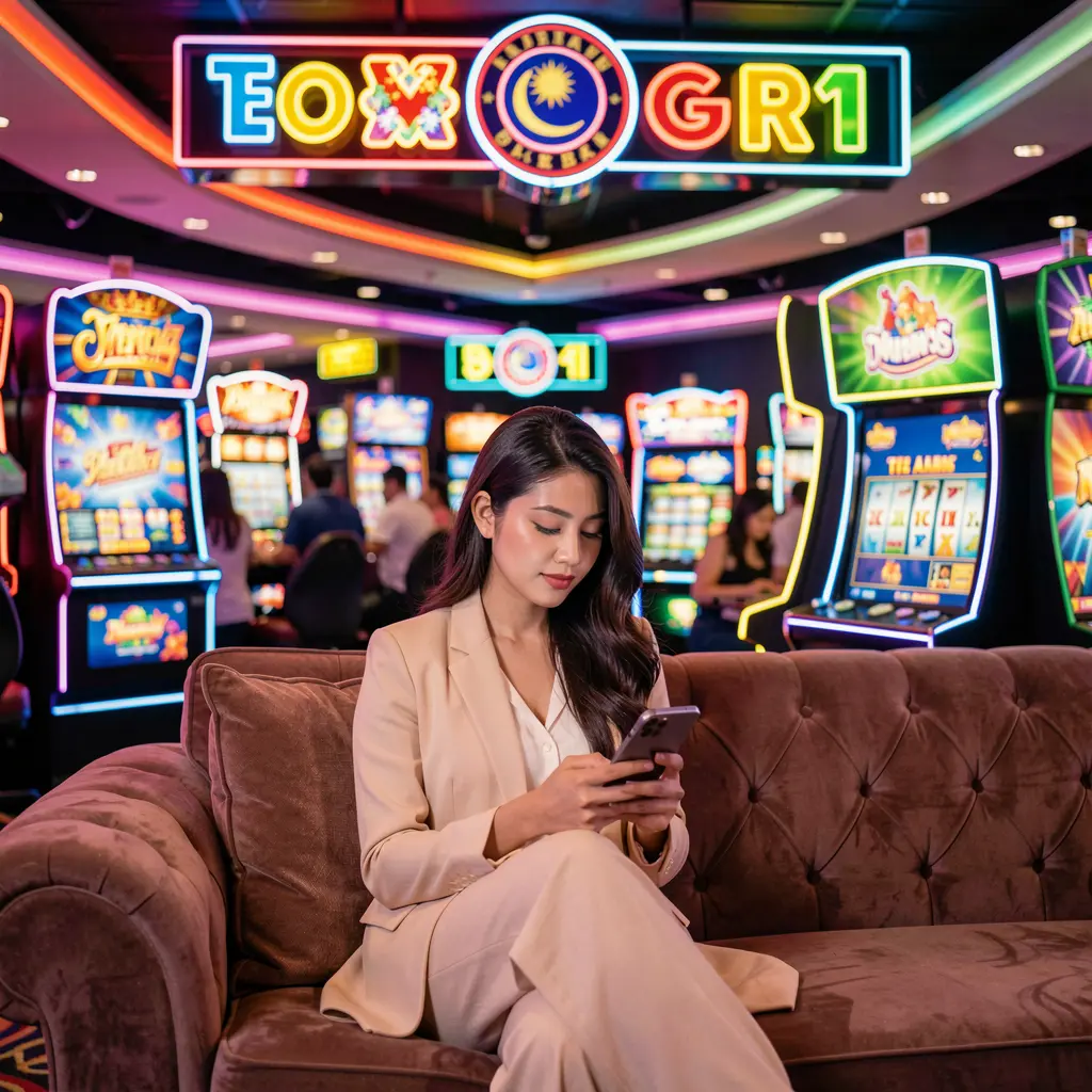 Stylish Malaysian woman relaxing on a sofa while using the YES82 casino app with colorful neon casino icons glowing behind her