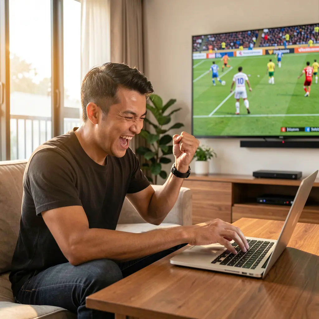 Excited Malaysian sports fan celebrating a winning bet placed on a laptop with live football action on TV using YES82
