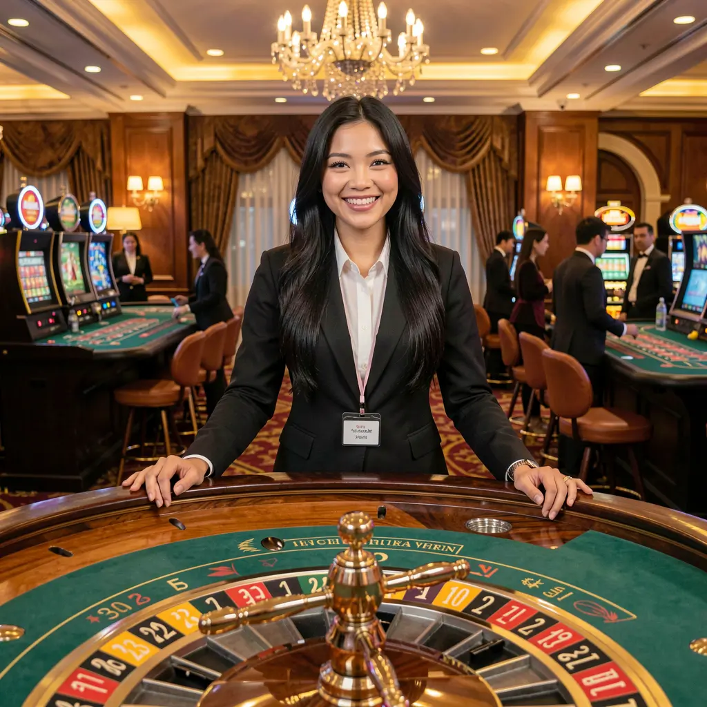 Professional live casino dealer standing at a roulette table with vibrant lights and a luxury casino atmosphere showcasing the immersive live casino experience at YES82 for Malaysian players