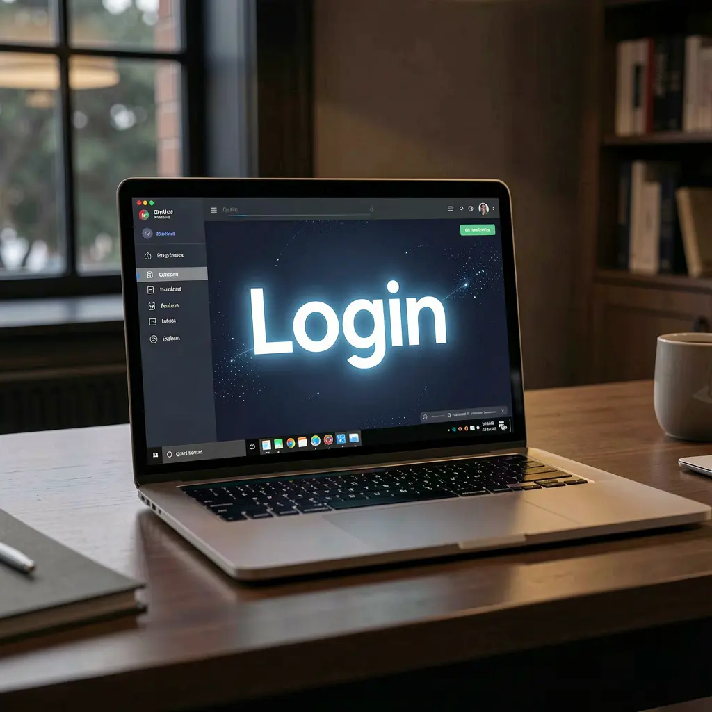 Modern laptop on a dark desk showing the YES82 login screen with a glowing interface designed for secure access in Malaysia