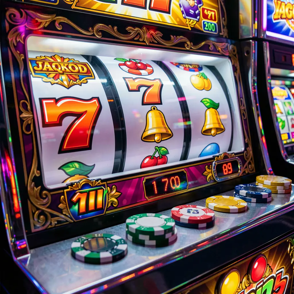 Brightly lit slot machine with triple seven symbols and scattered casino coins representing jackpot excitement and premium slot gaming at YES82 casino in Malaysia
